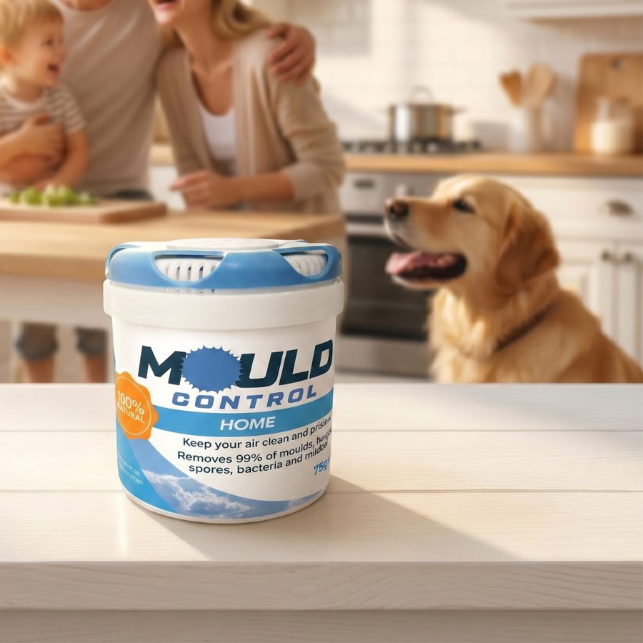 Mould Control Home gel on a kitchen bench with a family and their dog in the background
