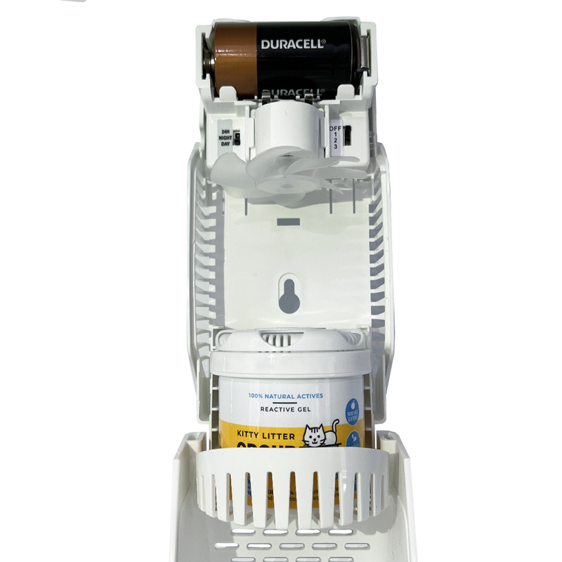 SAN-AIR Kitty Litter Odour Eliminator Gel 75g with Fan Dispenser Bundle