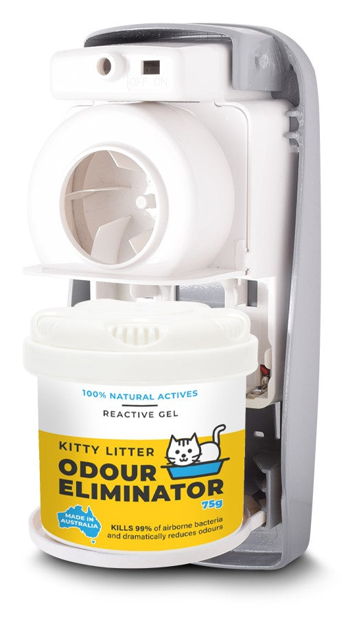 SAN-AIR Sleek Fan Dispenser with Kitty Litter Odour Eliminator Gel 75g Bundle