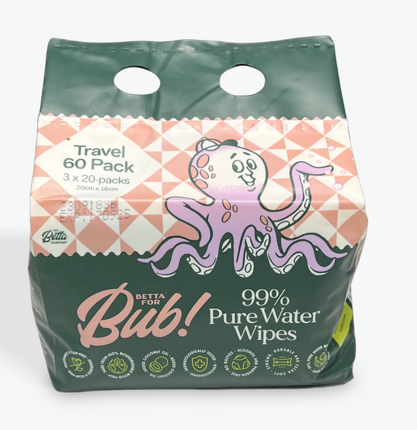 Betta for Bub - Natural 99% Pure Water Travel Baby Wipes - 3 x 20 pack (60)