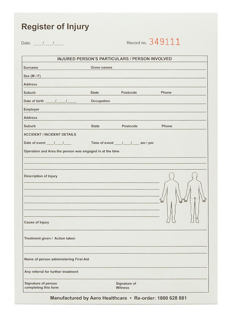 Register of Injuries Pad 25pg Duplicate