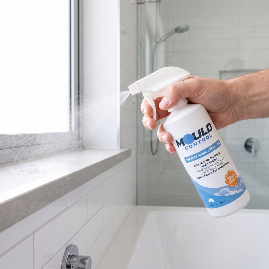 Spraying Mould Control Surface Mould Remover on a bathroom window frame